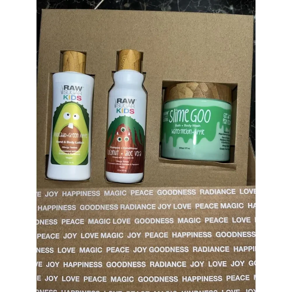 NIB Raw Sugar Kids 3pc Fun Gift Set Shampoo/Conditioner, Lotion, Slime Body Wash